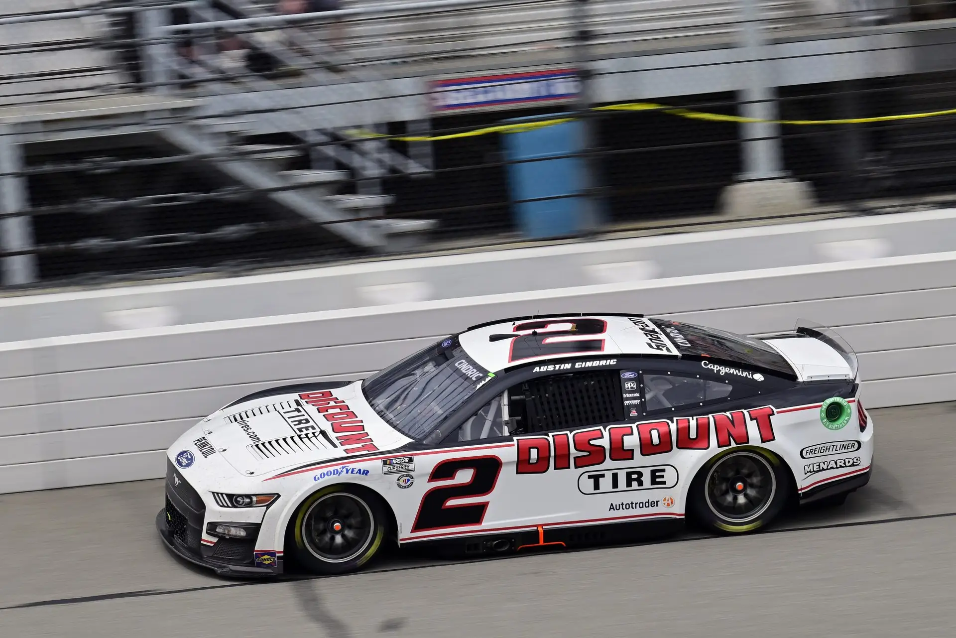 Austin Cindric's black and white No. 2 Discount Tire Ford on track for the FireKeepers Casino 400 at Michigan International Speedway.