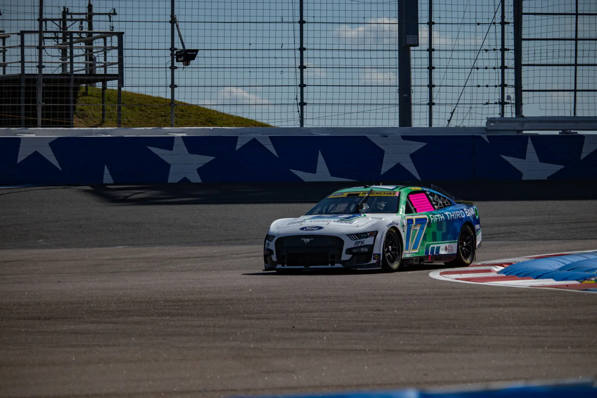Chris Buescher's No. 17 Fifth Third Bank Ford rounding the corner at the Charlotte ROVAL.