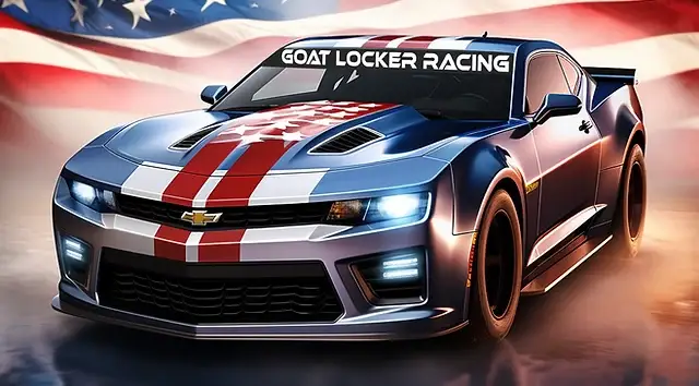 Red, white, and blue Goat Locker Racing iRacing car on a USA flag background.