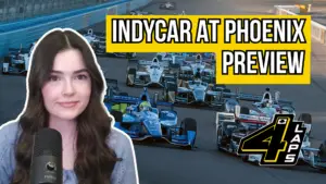 Open wheel Indycar race cars racing on a oval track at Phoenix Raceway with a photo of MJ and text that says "INDYCAR AT PHOENIX PREVIEW" in white font with a yellow block background.