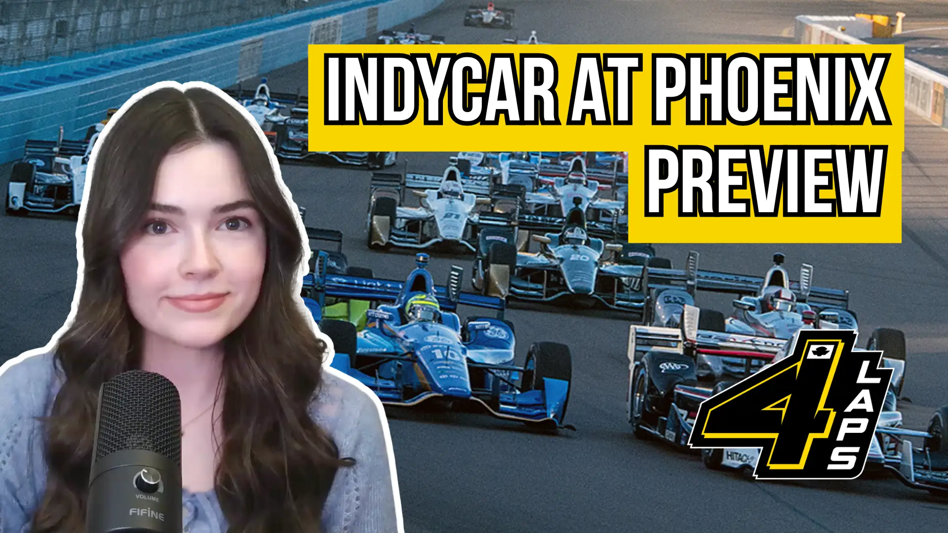 Open wheel Indycar race cars racing on a oval track at Phoenix Raceway with a photo of MJ and text that says "INDYCAR AT PHOENIX PREVIEW" in white font with a yellow block background.