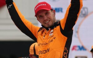 Christian Lundgaard celebrates in Victory Lane at Road America. (INDYCAR)