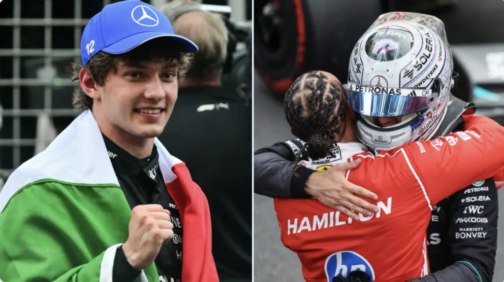 Kimi Antonelli stands with the Italian flag wrapped around him. The photo on the right is Kimi and Lewis Hamilton hugging.