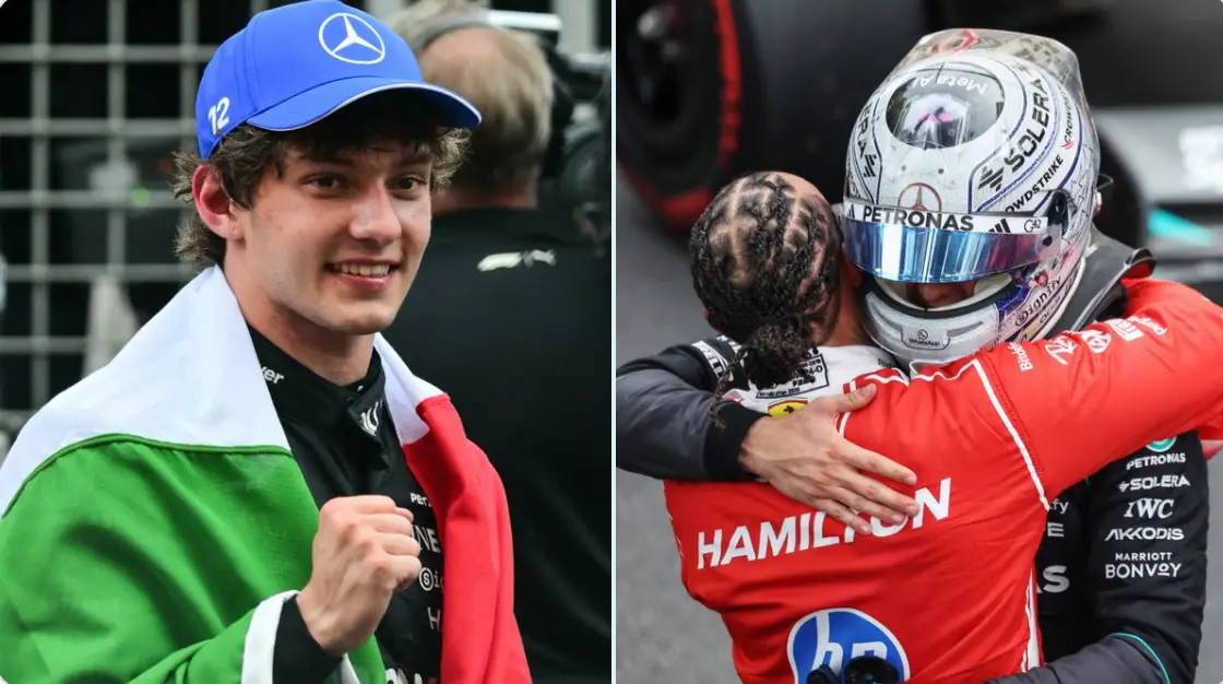 Kimi Antonelli stands with the Italian flag wrapped around him. The photo on the right is Kimi and Lewis Hamilton hugging.