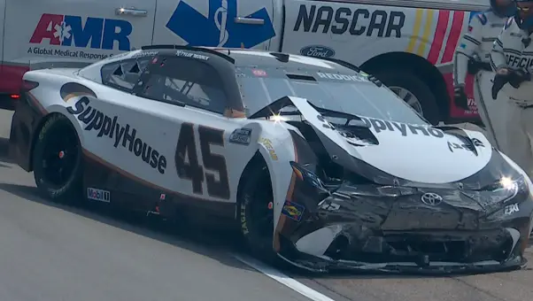 Tyler Reddick's No. 45 23XI Racing Toyota wrecked at Iowa Speedway (NASCAR)