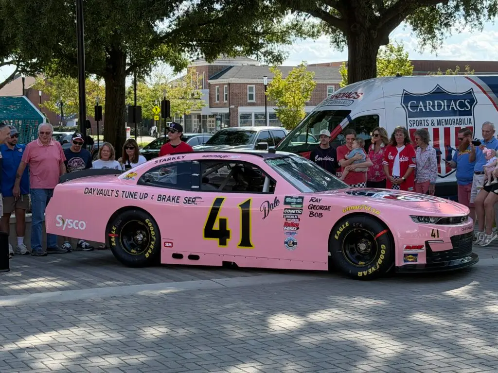 Sam Mayer's No. 41 CARDIACS Sports & Memorabilia car that pays tribute to Dale Earnhardt Sr. pink K-2 car.